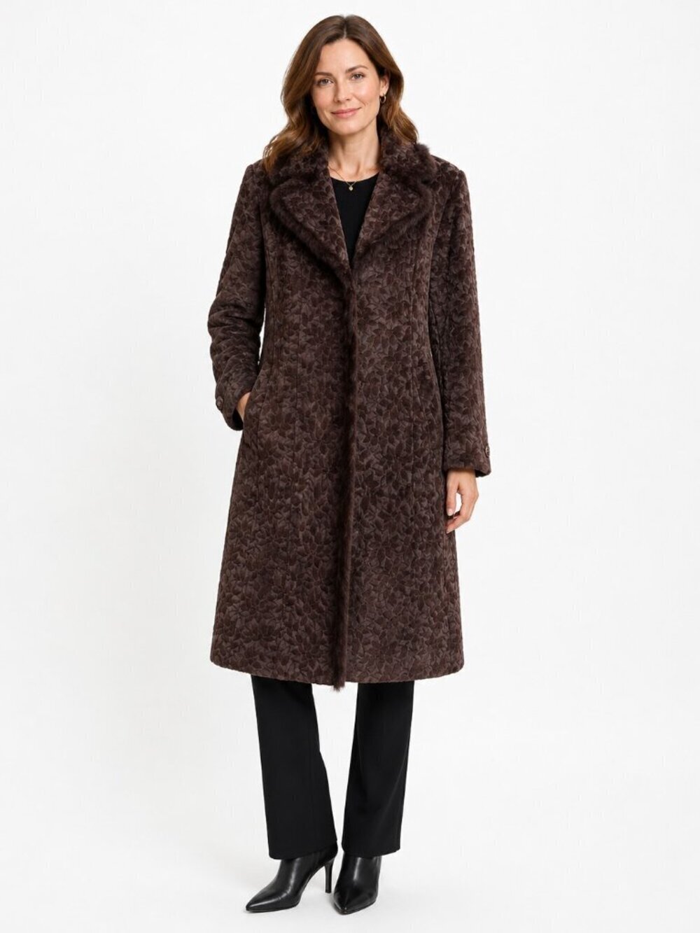 Olsen Europe Brown Jacquard Rabbit Fur Trim Coat